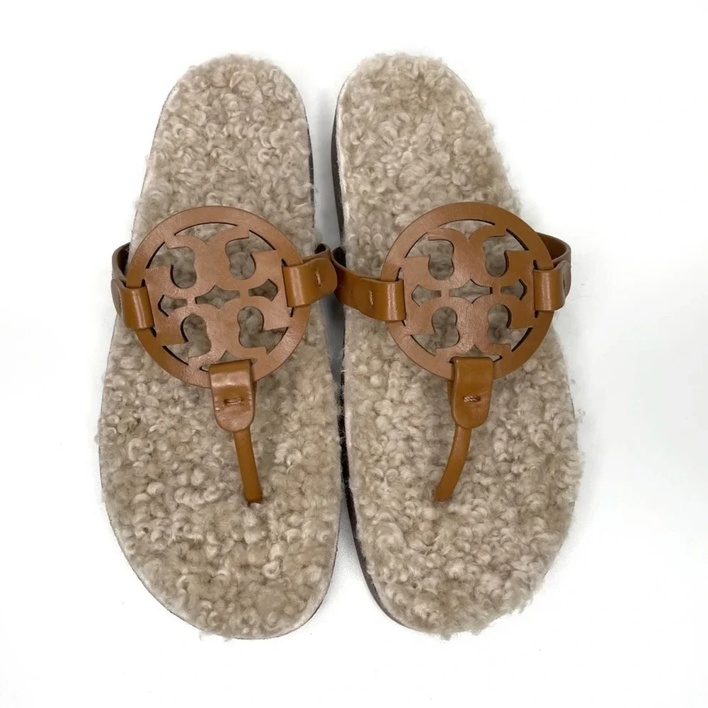 Tory Burch Miller Cloud Shearling Sandals Brown Color Size 10 - Picture 2 of 11